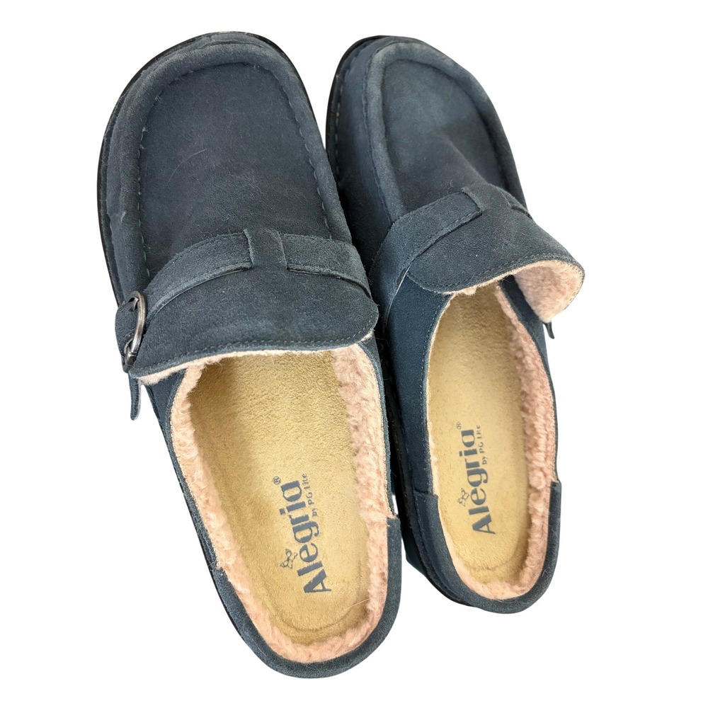 Alegria Suede Mule Clogs Slate Blue Faux Fur Lined‎ Buckle Shoes Womens